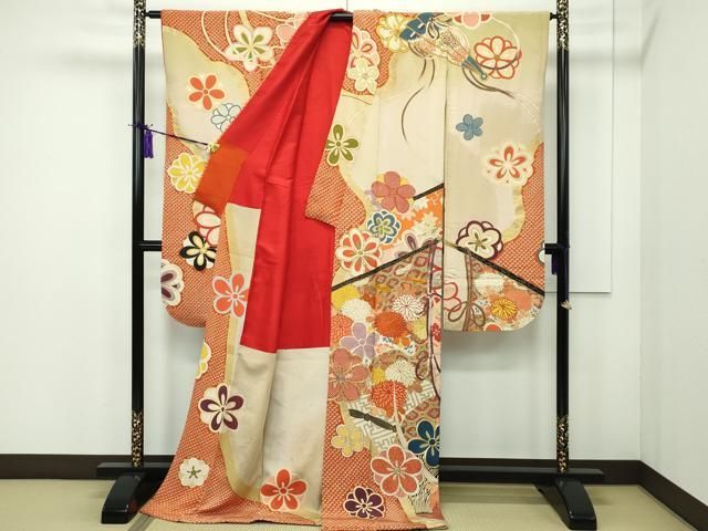 平和屋本店■極上　アンティーク　大正ロマン　振袖　お引きずり・お引き摺り　駒刺繍　飛鶴松桜文　黒地　金彩　逸品　DZAA8506kh5 平和屋本店□極上 アンティーク 大正ロマン 振袖 お引きずり・お