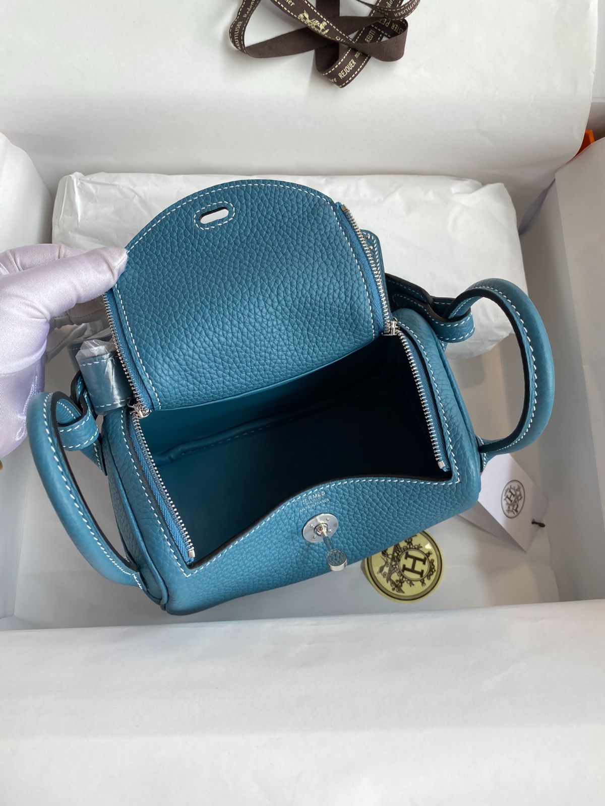 エルメス mini lindy デニム ブルー シルバー バックル