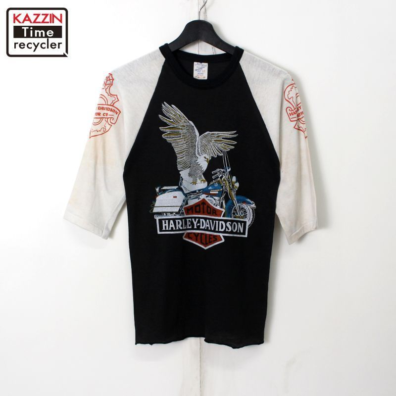 80s vintage HARLEY DAVIDSON イーグル スカル 袖プリ ラグランスリーブＴシャツ メンズ 表記Sサイズ