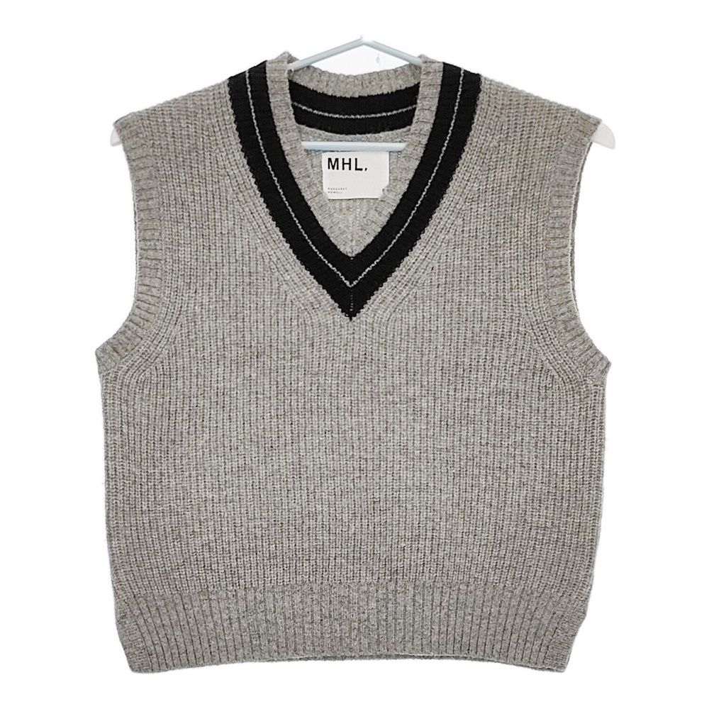 MHL. 595-4261501 TOUGH WOOL RIB サイズ2 ウールVネックニット ベスト 24AW グレー レディース エムエイチエル 5-0429T♪