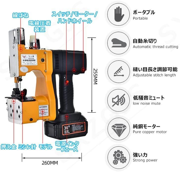 ハンドミシン 電気ミシン ポータブル 袋縫ミシン 電池式 210W 1700針|分 自動割線 軽量で便利 スムーズに動く 連続使用でき 厚手の袋も縫える 織りバッグ|麻袋|クラフトバッグ|紙袋 産業用 業務用 電池2個