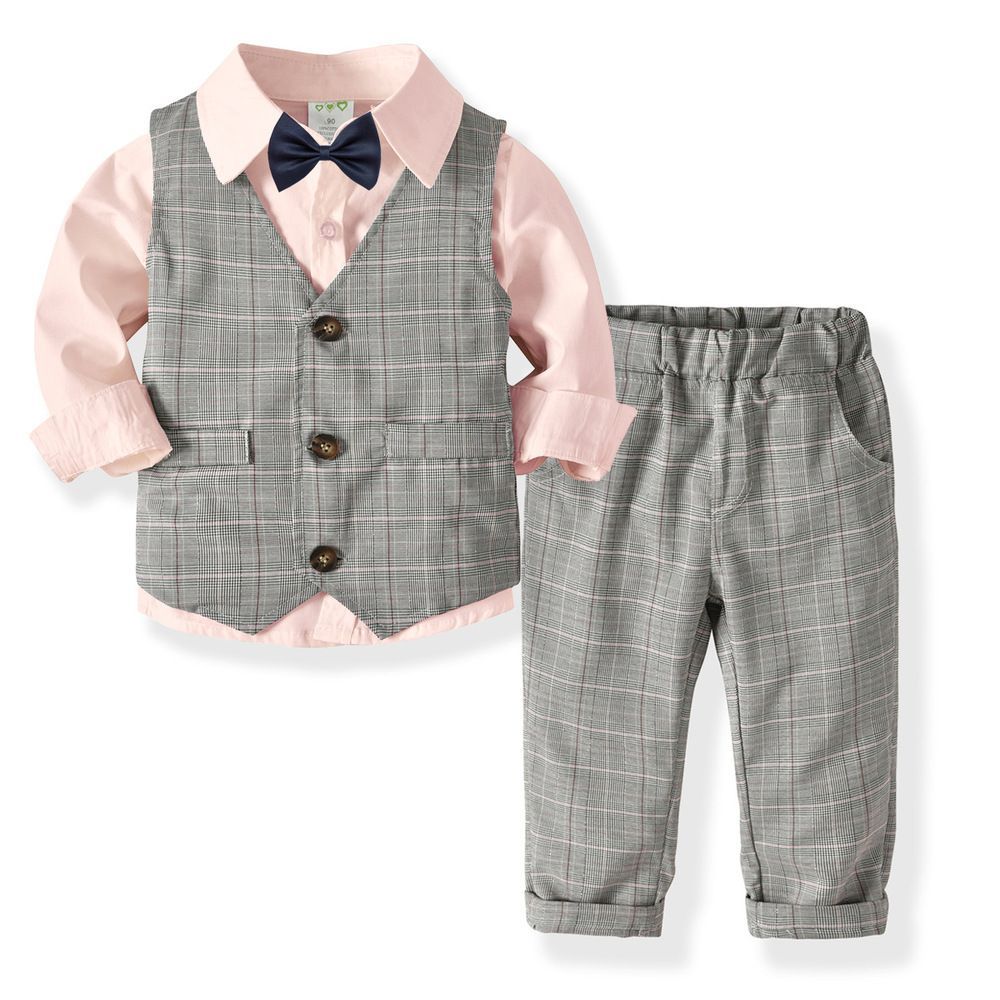 グレー×ピンク  110cm  キッズ フォーマルスーツ 男の子 pk19a311 子供服 フォーマル スーツ 男の子 蝶ネクタイ付き シャツ ベスト 長袖 英国風 子供スーツ 子供 キッズ おしゃれ 記念日 こども 