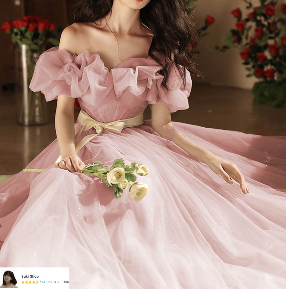 ピンクフラワーパターンボディコンドレス クラリースコレクション】ロングドレス ピンクオレンジ Lサイズ（10号