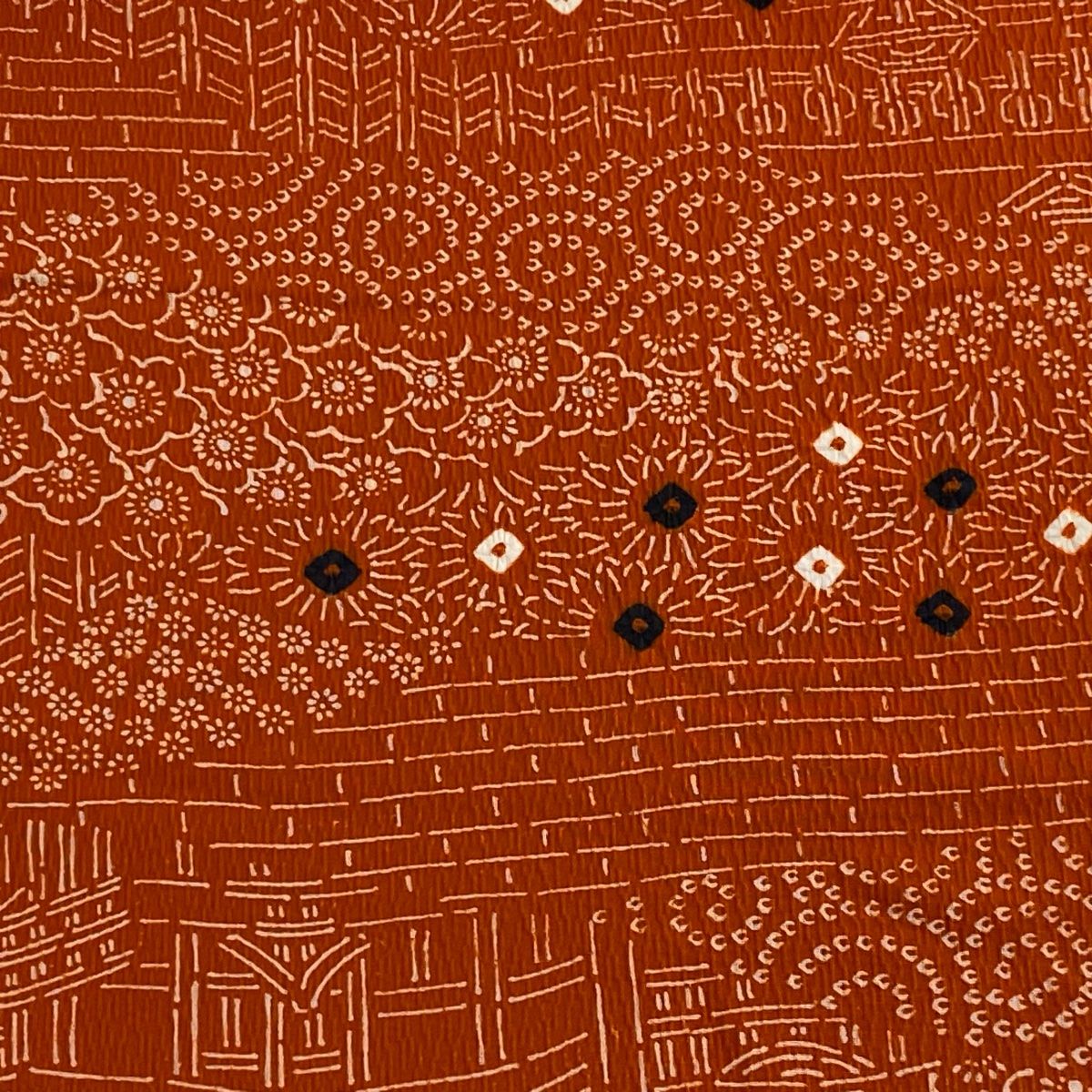 反物 秀品 小紋 桜 建物 絞り オレンジ 正絹