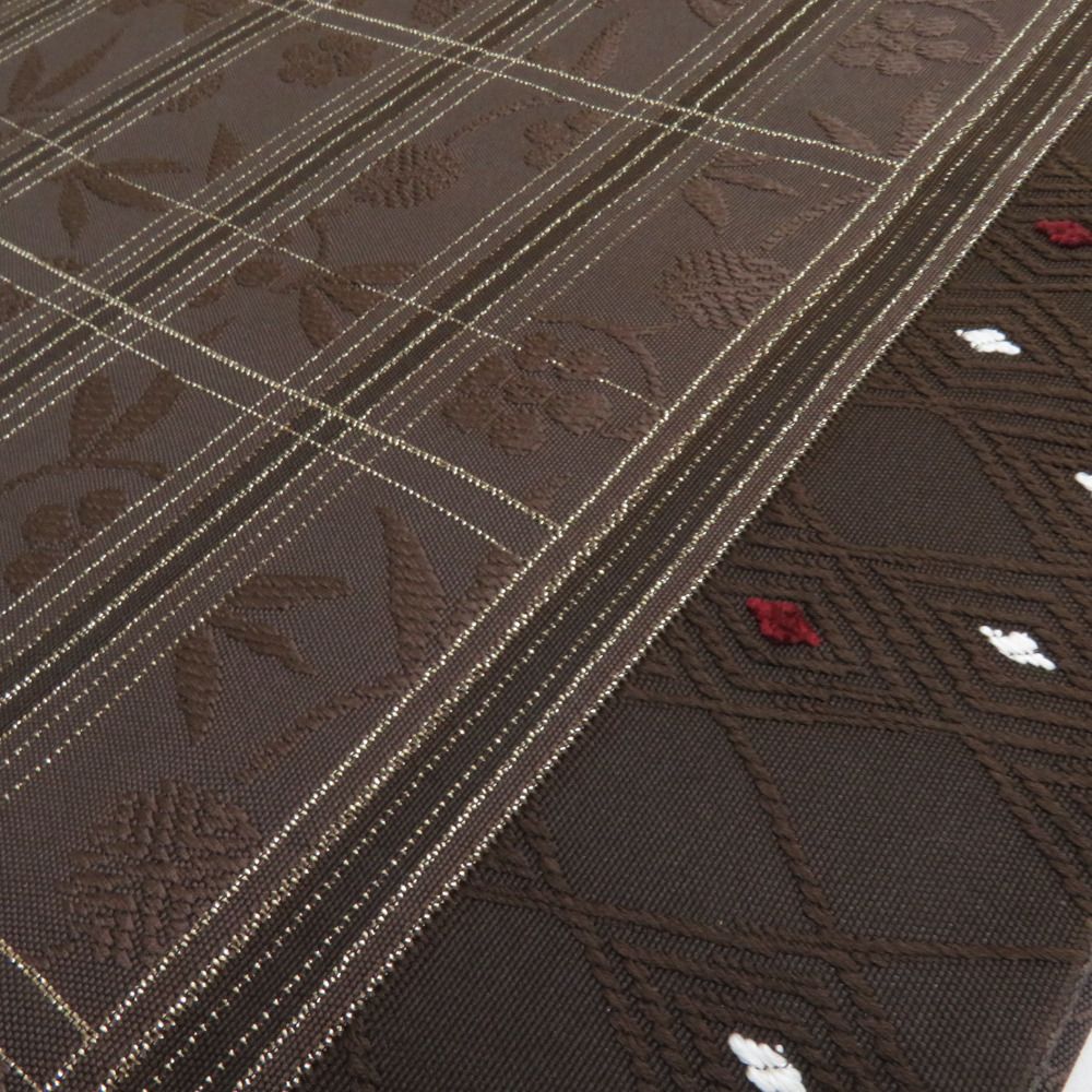 袋帯 松竹梅唐草 正絹 茶色 六通柄 仕立て上がり カジュアル 着物帯 長