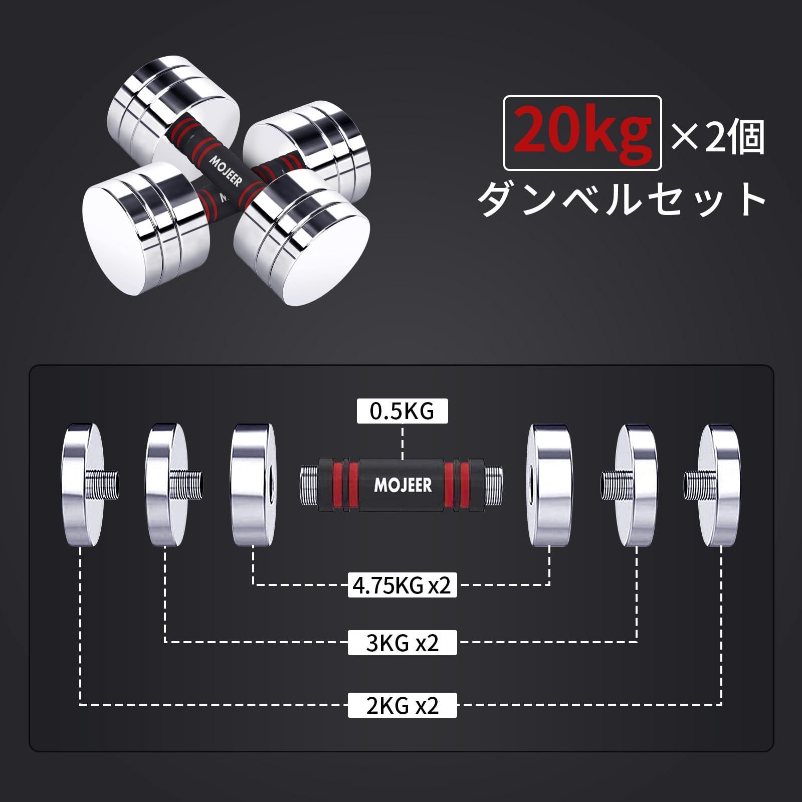 新着商品】MOJEER ダンベル 可変式 2個セット クロームダンベル 5kg