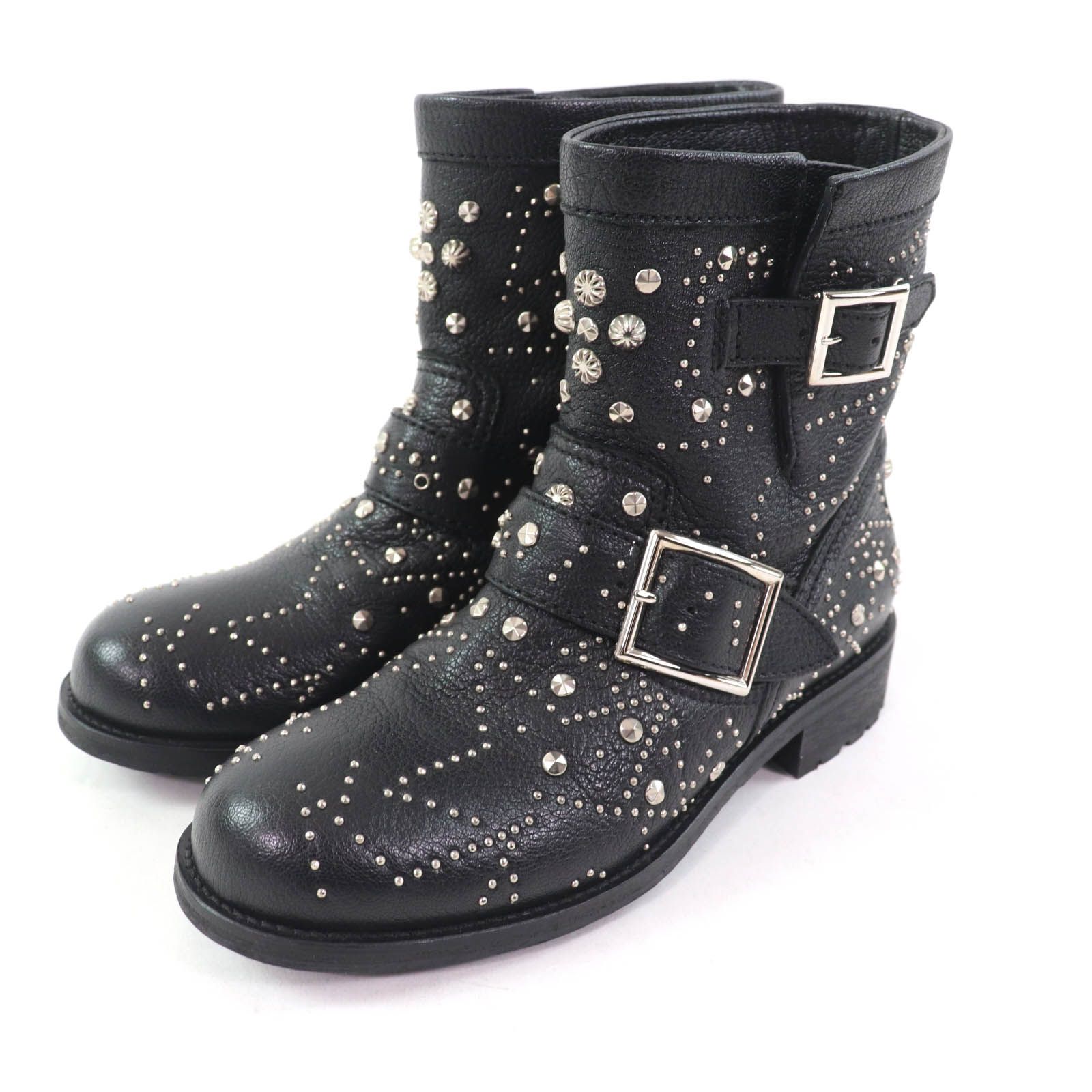 JIMMY CHOO ジミーチュウ スタッズ ロゴプレート付 ベルトデザイン レザー ショートブーツ ブラック シルバー金具 36.5 保存袋付き イタリア製 レディース