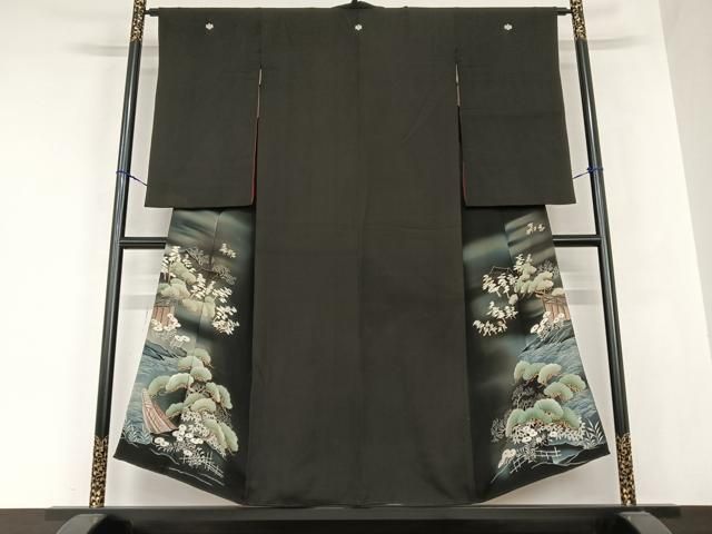 平和屋着物●アンティーク 大正ロマン 黒留袖 風景松文 両褄 暈し染め 金糸 正絹 AABB6466zg