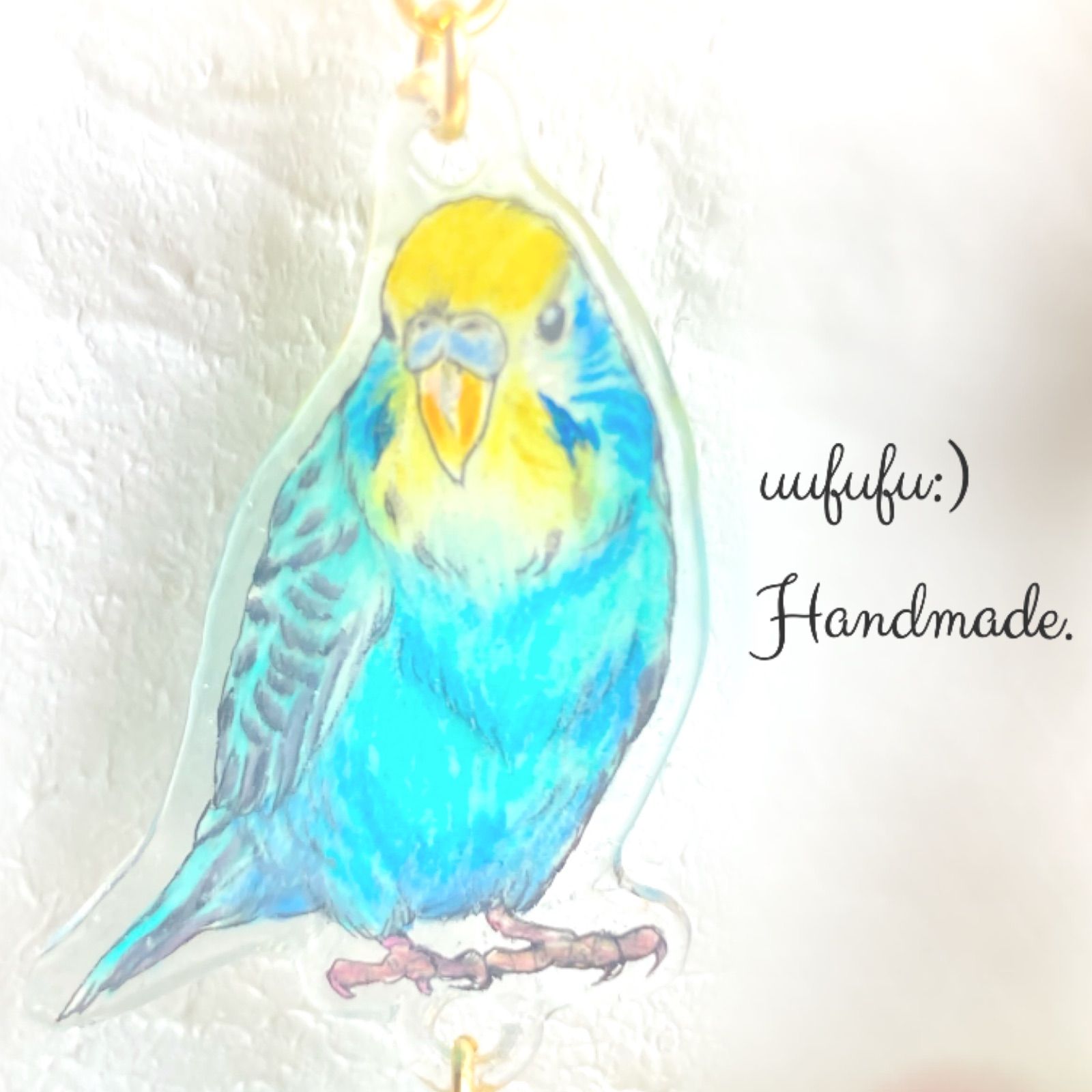 手描きプレート セキセイインコさんと 木の実みたいな 天然石の 