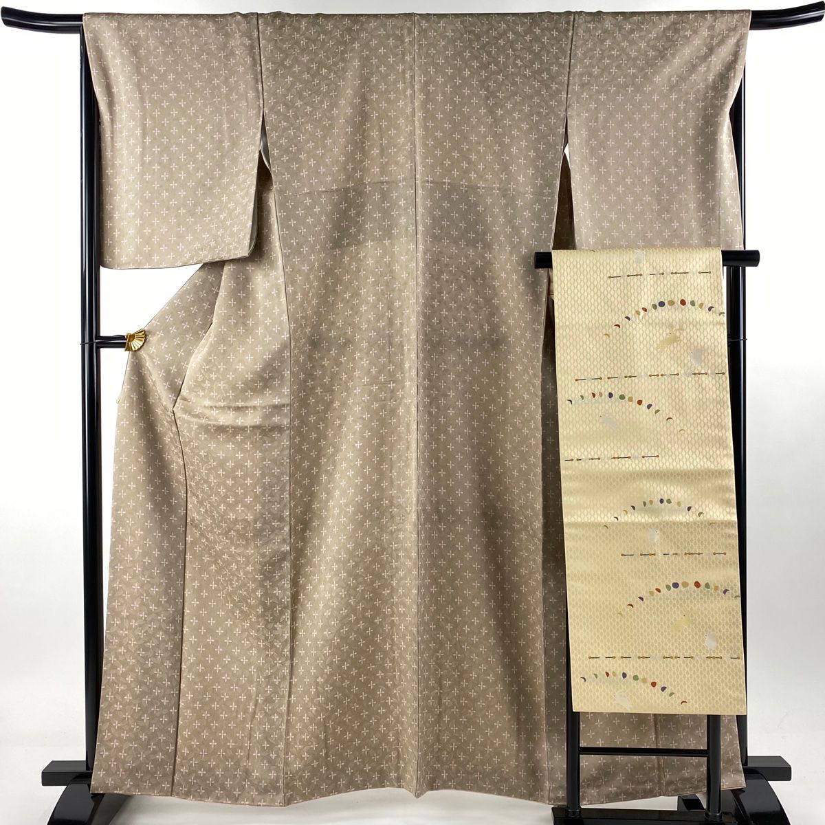 小紋 身丈162.5cm 裄丈67.5cm L 袷 名古屋帯セット 花 地紋 灰茶 正絹  