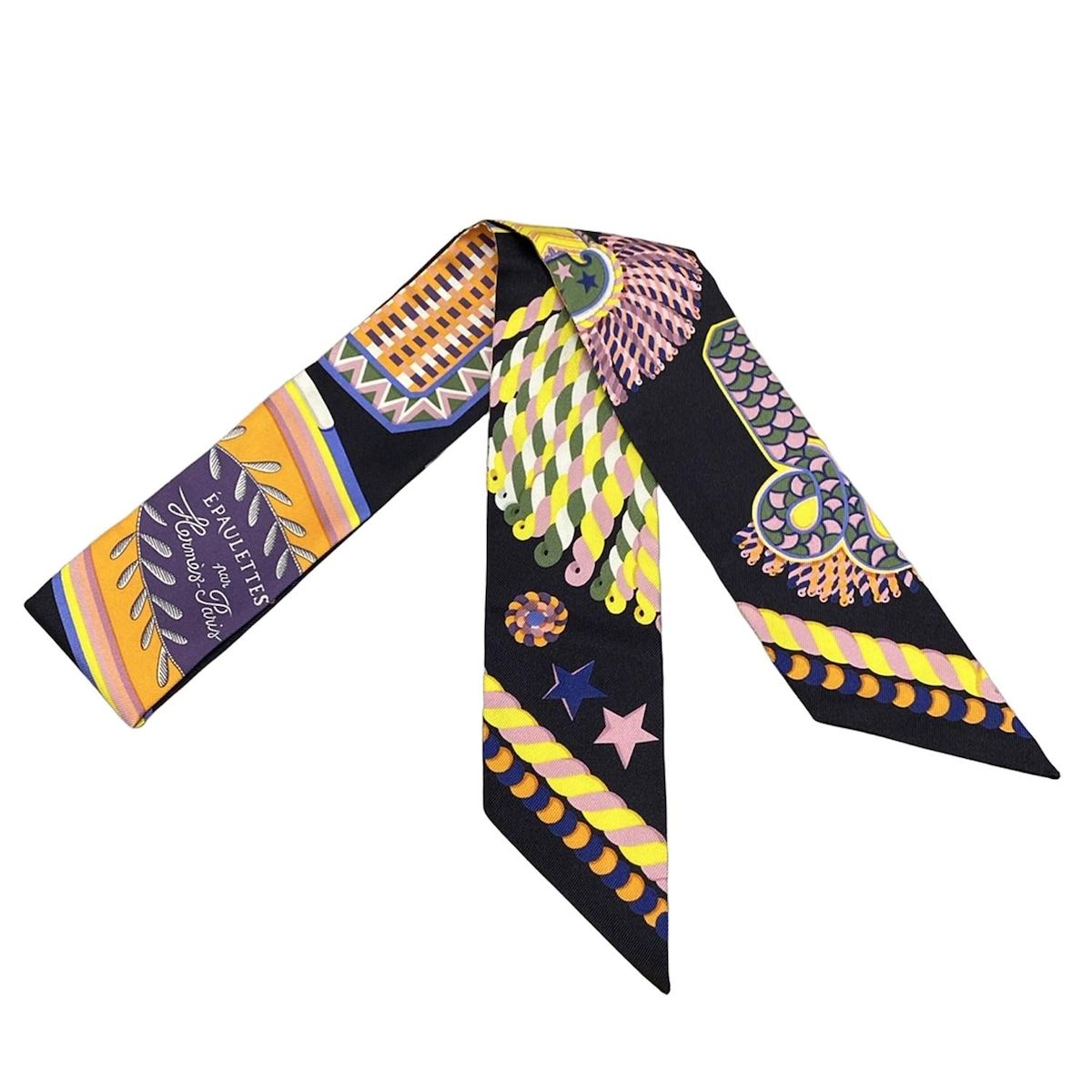 HERMES エルメス スカーフ ツイリー 黒×オレンジ×マルチ EPAULETTES de GALA|式典肩章 シルク