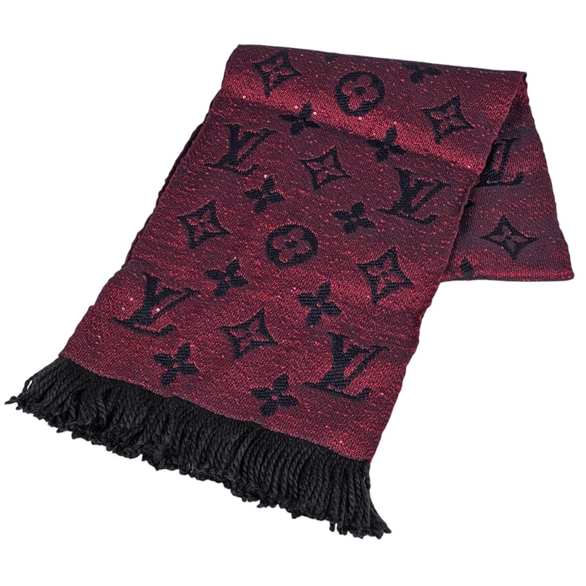 在庫一掃 ルイ ヴィトン Louis Vuitton エシャルプ ロゴマニア プレシャス モノグラム メタリック スパンコール マフラー マフラー ウール ポリエステル シルク ボルドー ブラック レディース