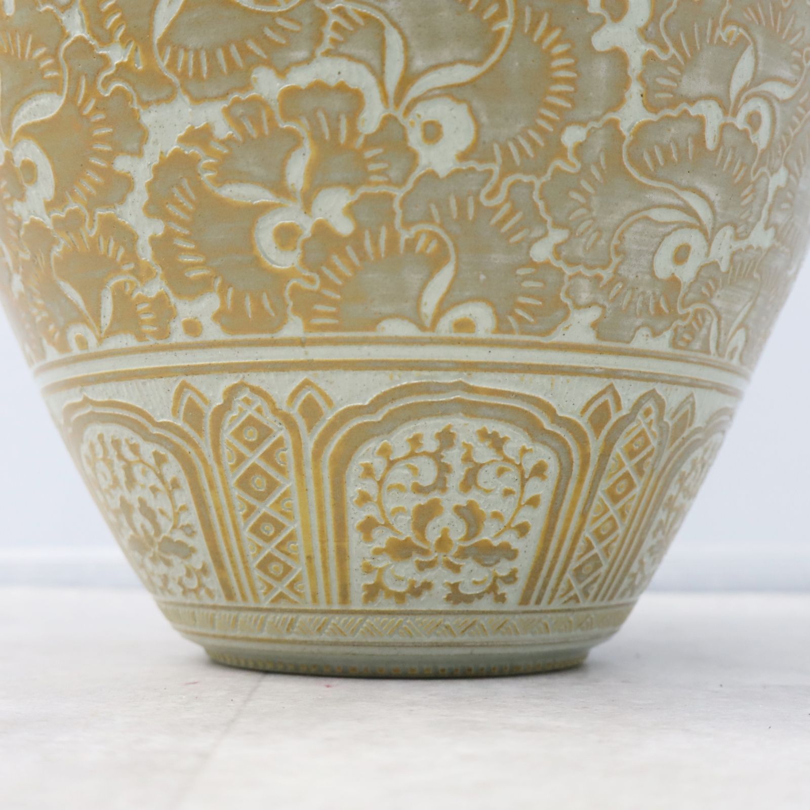 希少＊骨董 陶器 壺 花器 ▽希少 ｜華壺 つぼ 花器 大型 大壺｜東炎窯 金東和 陽陰刻｜飾