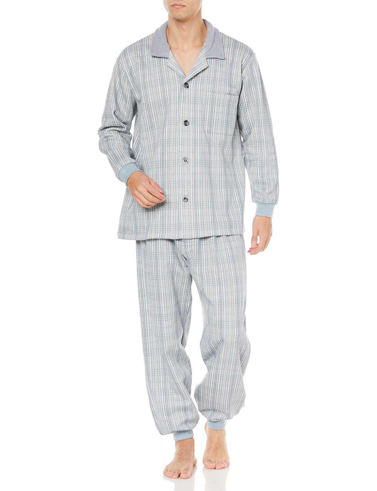 M_グレ- グンゼ パジャマ 暖 長袖長パンツ パンツ前あき 裏毛起毛|針抜きパイル起毛 メンズ グレ M