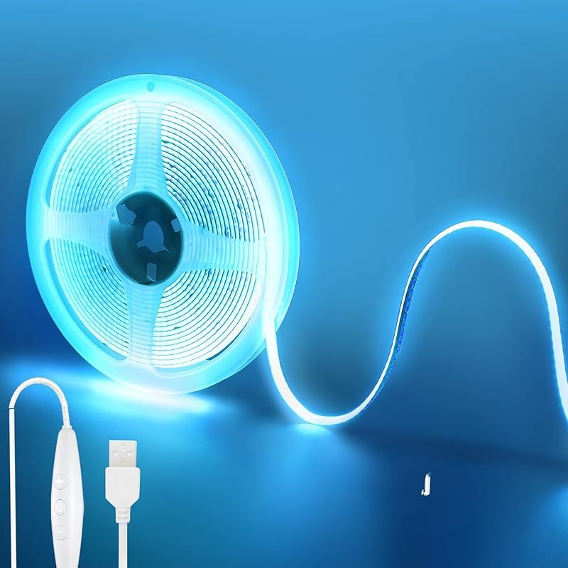 クリアヒル（Clearhill）5V COB LEDストリップライト 調光可能 5M アイスブルー LED320個/M 強力な光 幅8mm 非防水IP20 電源コードスイッチ、5段調光、1.5mケーブル DIY 家庭のインテリア用 0