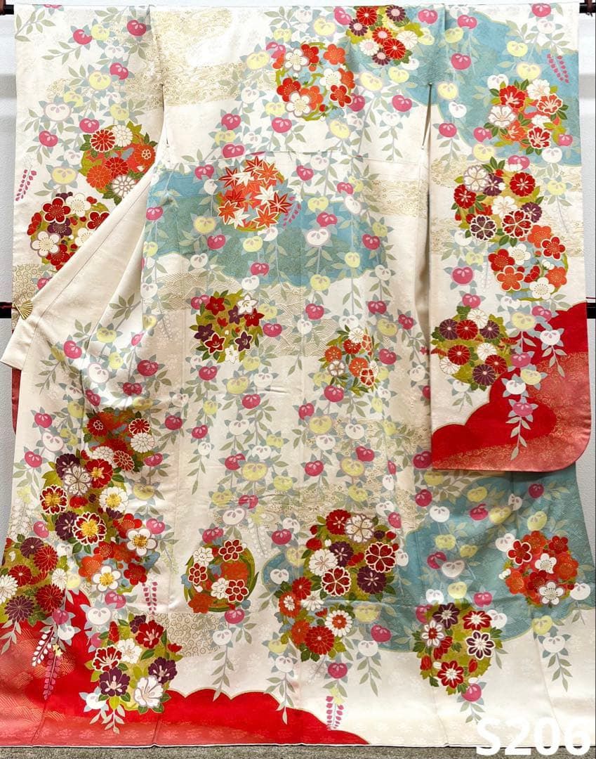 青柳謹製 十日町友禅 振袖 金駒 金彩 紋意匠 橘 藤 正絹 S206