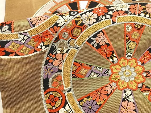 平和屋着物□六通柄袋帯 唐織 瑞鶴源氏車文 金糸 正絹