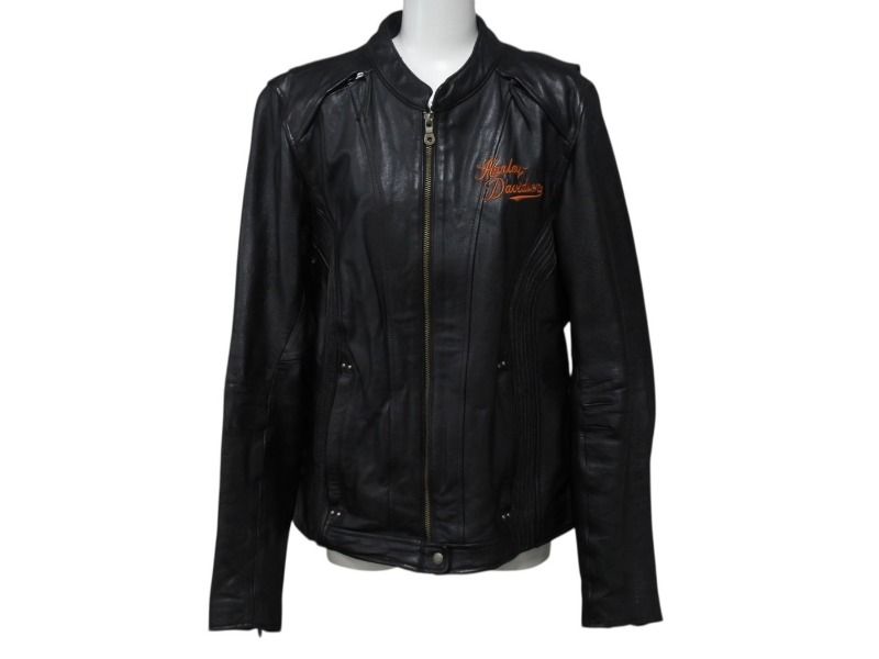 HARLEY DAVIDSON ハーレーダビットソン レザージャケット ラインストーン ブラック オレンジ シルバー金具 サイズL 4b002762