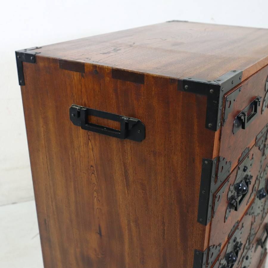 民芸家具 欅 美しい杢目 玉杢 菊紋鉄金具 和箪笥 整理箪笥 時代家具調 レトロ ヴィンテージ アンティーク調 古民家 古道具 289h21 MARWIL-DEMENAGEMENTS_CH