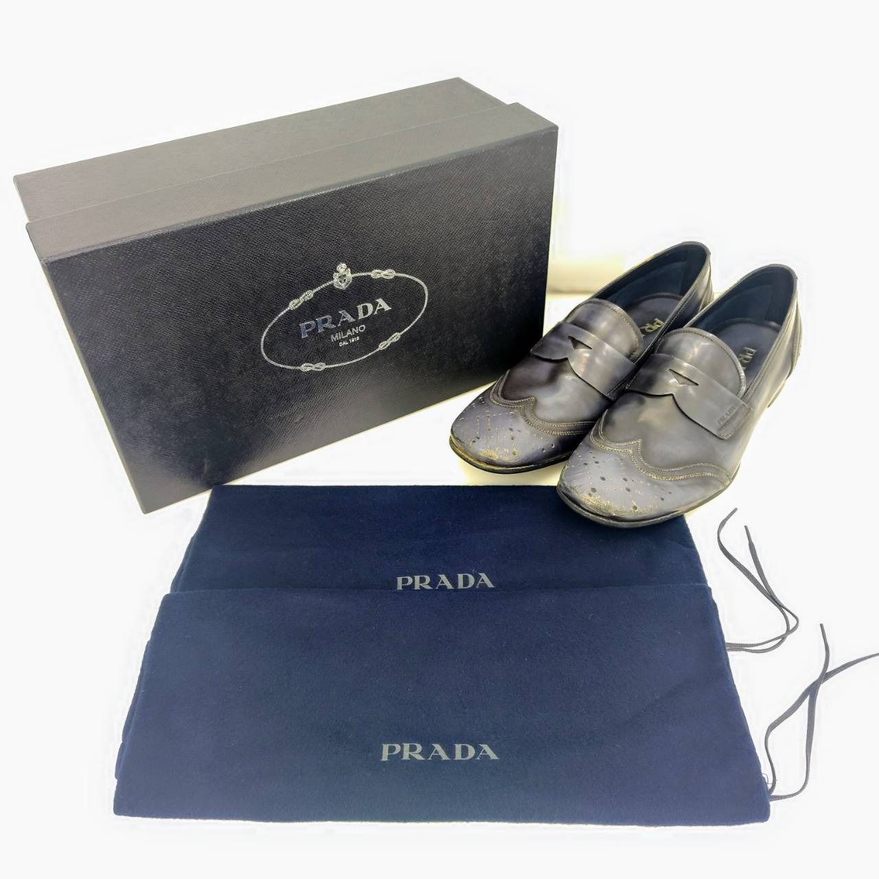 05wm00424 PRADA プラダ ダメージ加工 ウイングチップ コインローファー 牛革 ブルー系 サイズ8 1/2 メンズ【中古品】