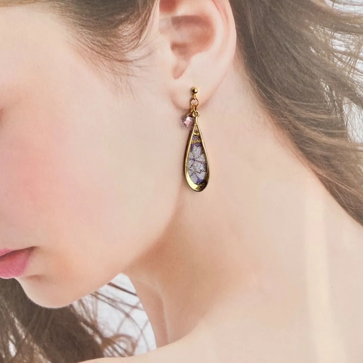 伝統工芸（金襴織物）桜 高品質ピンクアメジスト ピアス イヤリング 