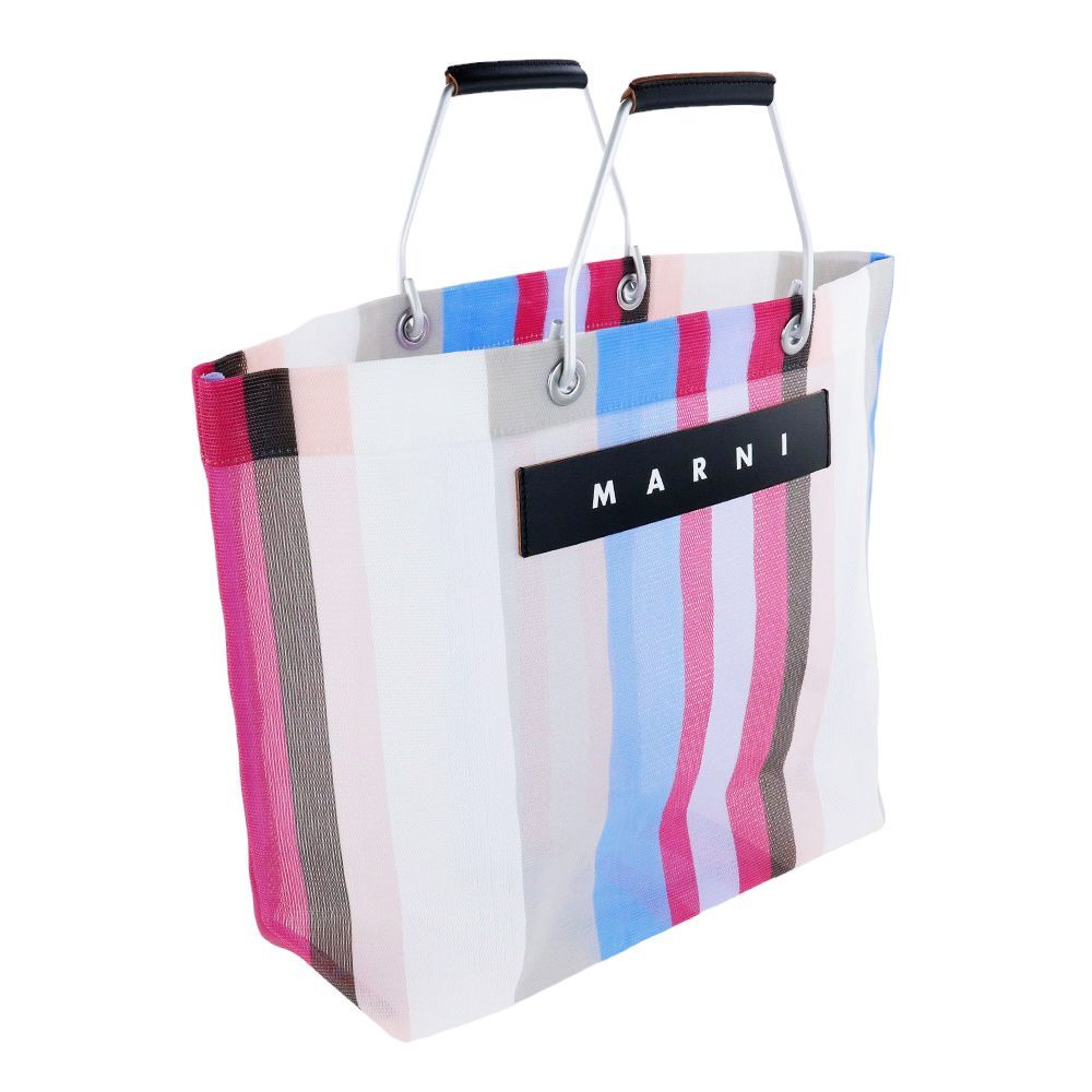 美品⭐️MARNIマルニ布袋付き可愛いピンク系ストライプ　メッシュトートバッグ MARNI マルニフラワーカフェ トートバッグ ストライプバッグ