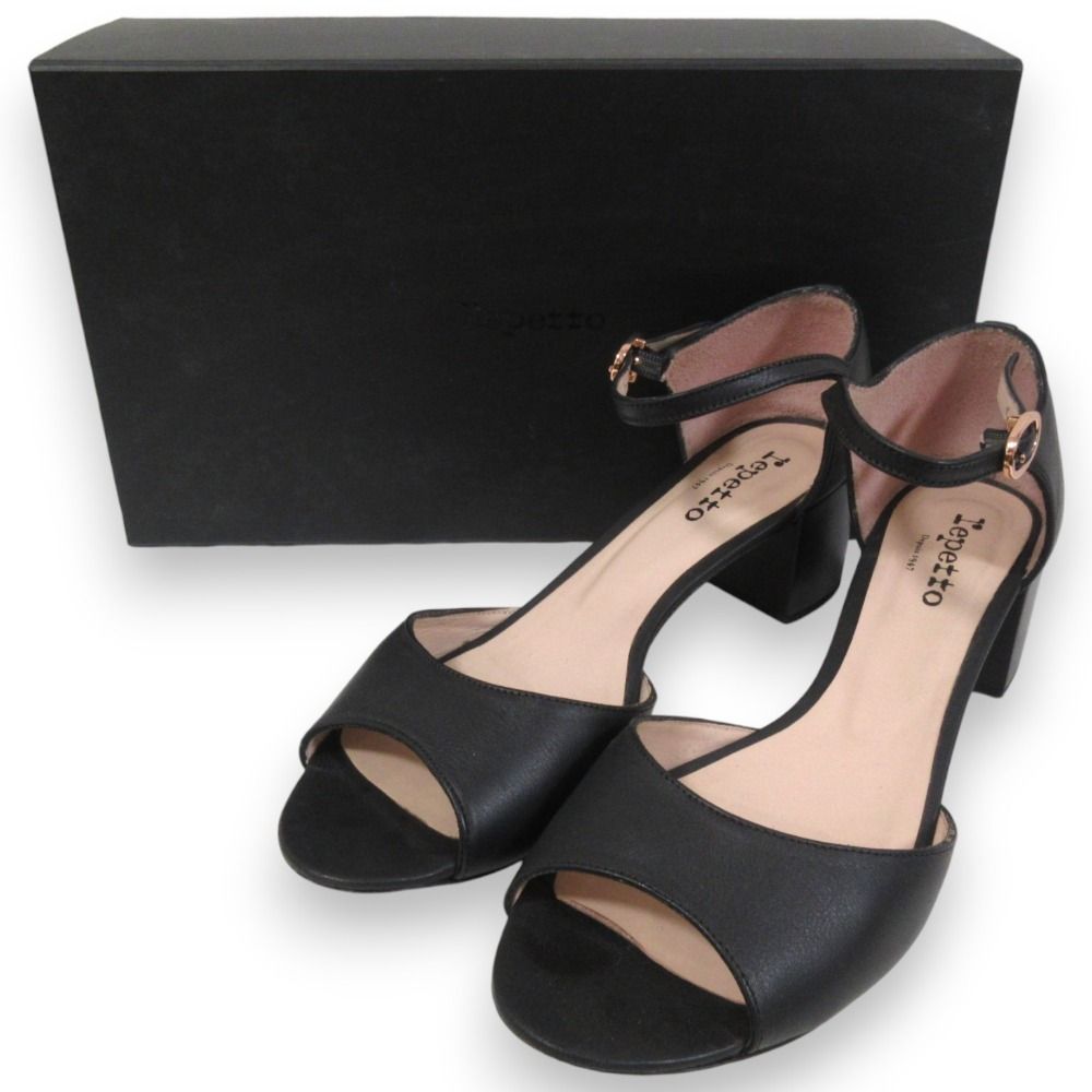 Repetto レペット レザー アンクルストラップ オープントゥ サンダル パンプス 39 約26cm ブラック×ピンクゴールド金具 レディース 古着