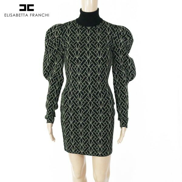 80%OFF エリザベッタフランキ ELISABETTA FRANCHI ワンピース 40 EOP1690 S Mサイズ ブラック レディース ニットワンピース 長袖 ブランドロゴ入り イタリア製