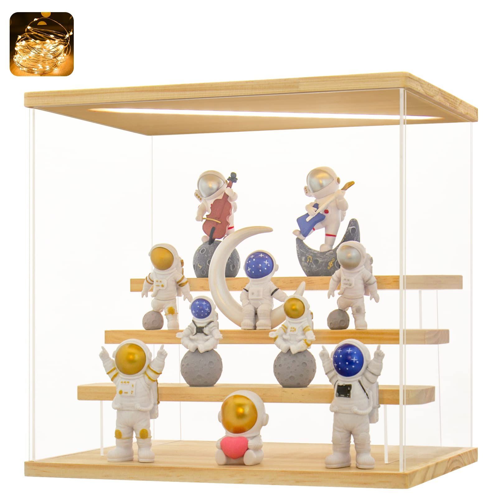 FP98786 木色_4階式 30.22.5*28cm GieniG LEDフィギュアケース アクリル製 ディスプレイケース コレクションケース 組み立て 簡単 防汚れ 手袋 クリーニング クロス付き アクリルケース お手入れ方法 