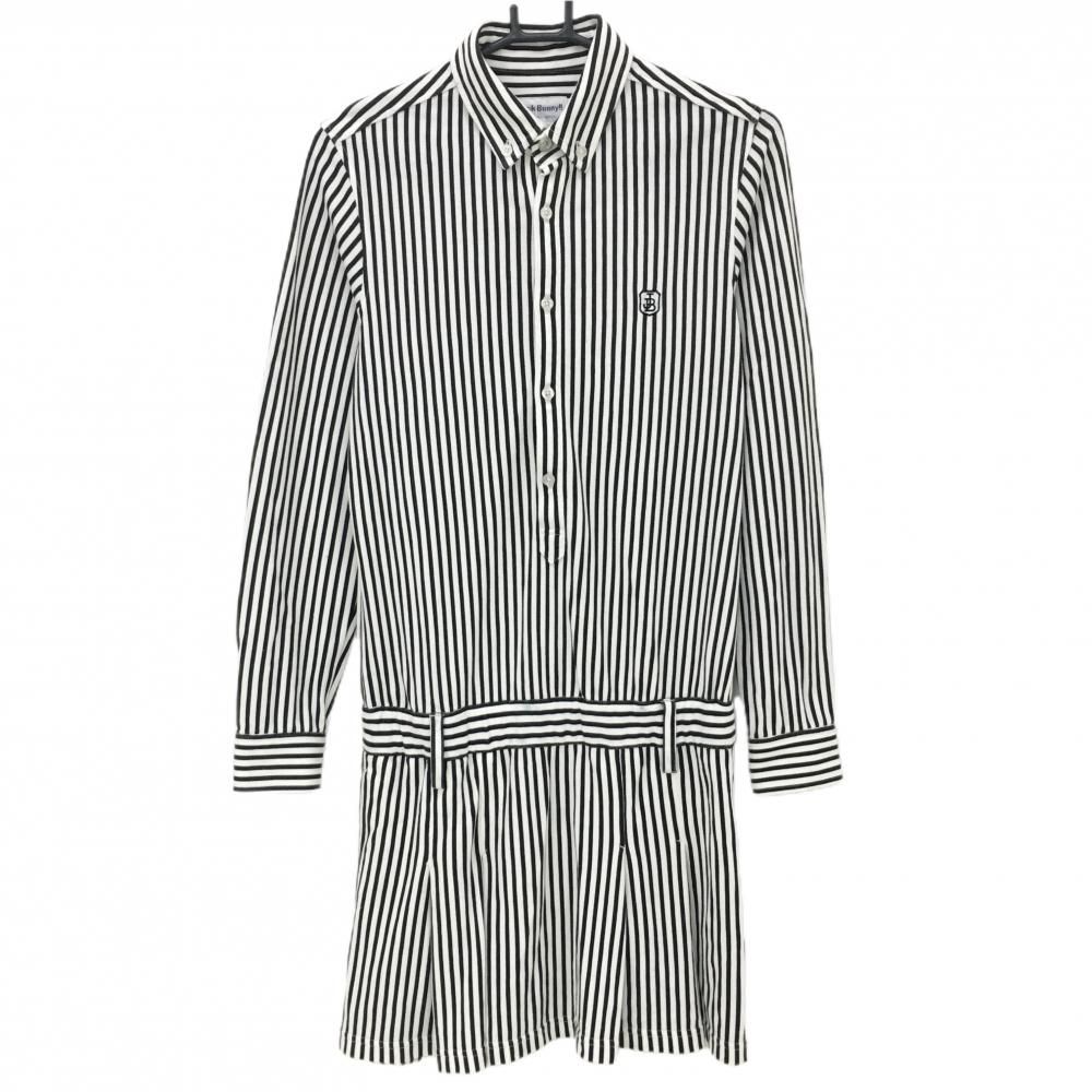 ジャックバニー 長袖ポロワンピース 白×黒 ストライプ ボタンダウン