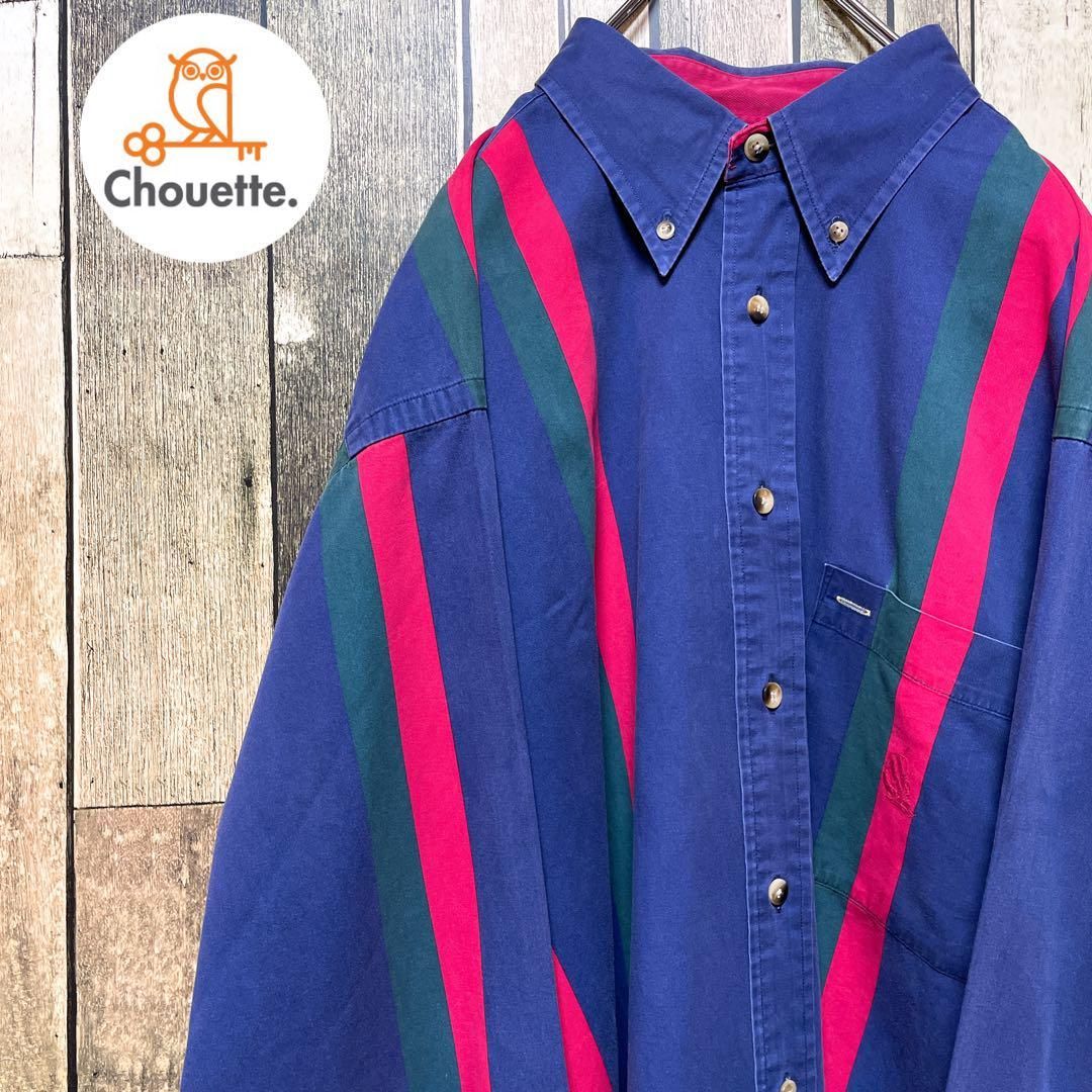 90年代 ノーティカ NAUTICA 紺 長袖BDシャツ XL 刺繍ロゴ ワンポイントロゴ 太ストライプ柄 90 s 90s マーブルボタン 厚手生地 マルチ クレイジーパターン ビッグシルエット ネイビー h35
