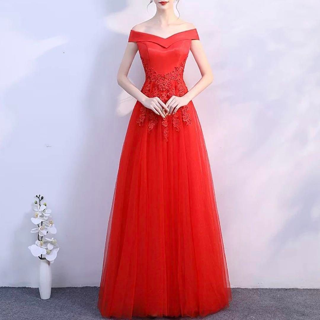 お花のデザインがオシャレなオフショルのチュール ロングドレス