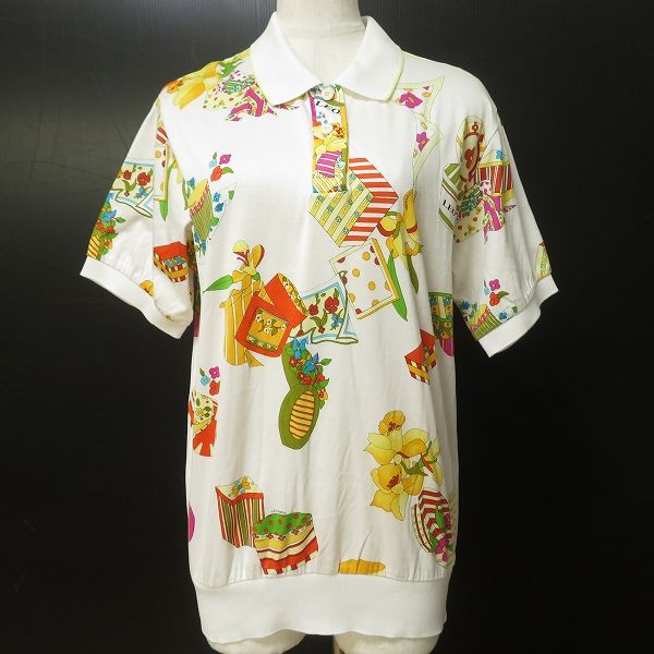 snc レオナール スポーツ LEONARD SPORTS ポロシャツ L 白 黄色 緑 半袖 花柄 ロゴ レディース 965539