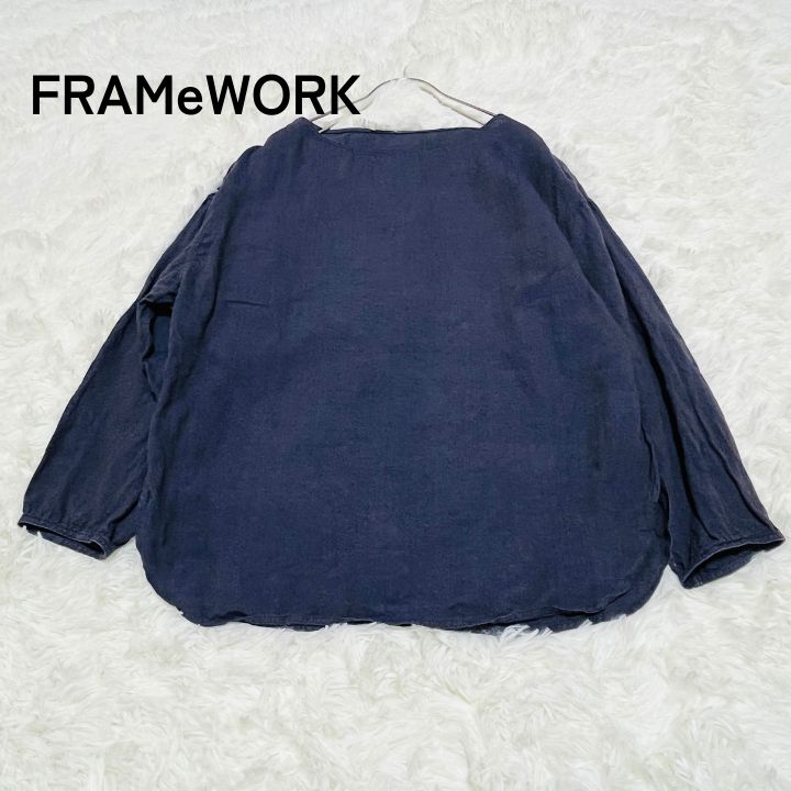 FRAMeWORK フレームワーク 麻100％ 七分袖 トップス プルオーバー ネイビー リネン ベイクルーズ