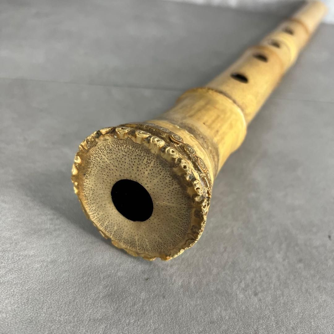人気 尺八 琴古流 バチ型 銘あり 竹治 1印 1尺7寸 5孔 銀三線 真竹 漆 25M9250TR0005-09