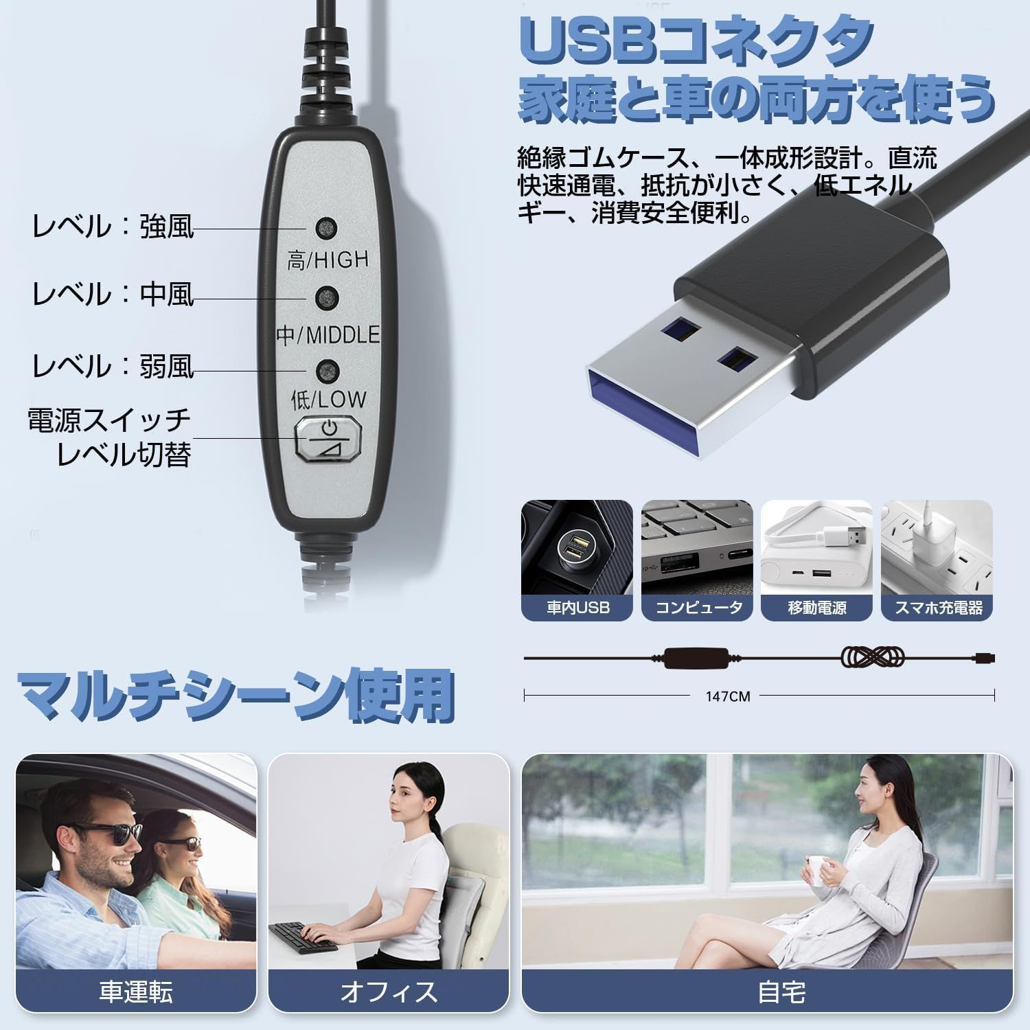 クールシートカバー 3段階風量調節可