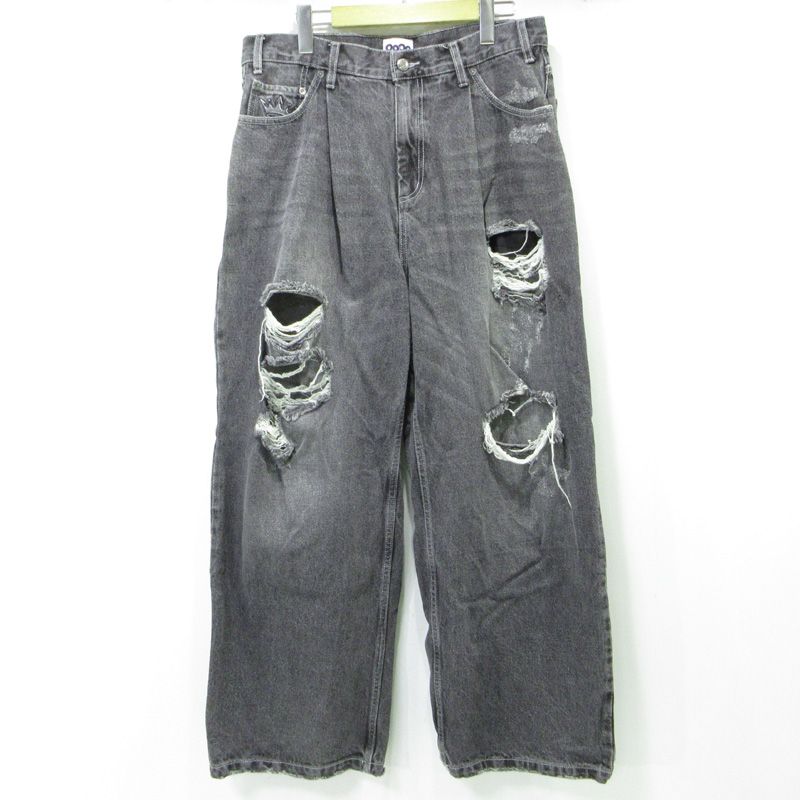 三重本店 9090 | ナインティナインティ King Logo Buggy Denim Pants キングロゴバギーデニムパンツ 加工ジップフライデニムパンツ ダメージ加工 NN1270 ブラック サイズ XL 107