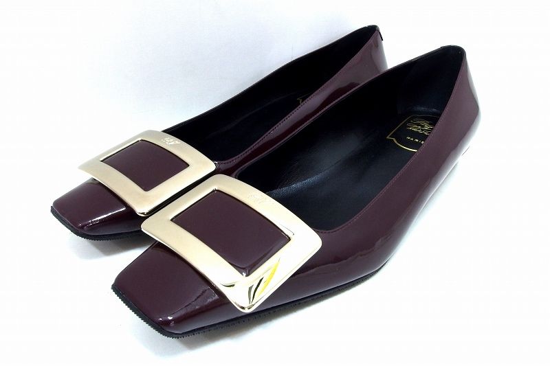 225392 Roger Vivier ロジェ ヴィヴィエ バレリーナ パテントレザー フラット ローヒール スクエアバックル 36.5 ボルドー