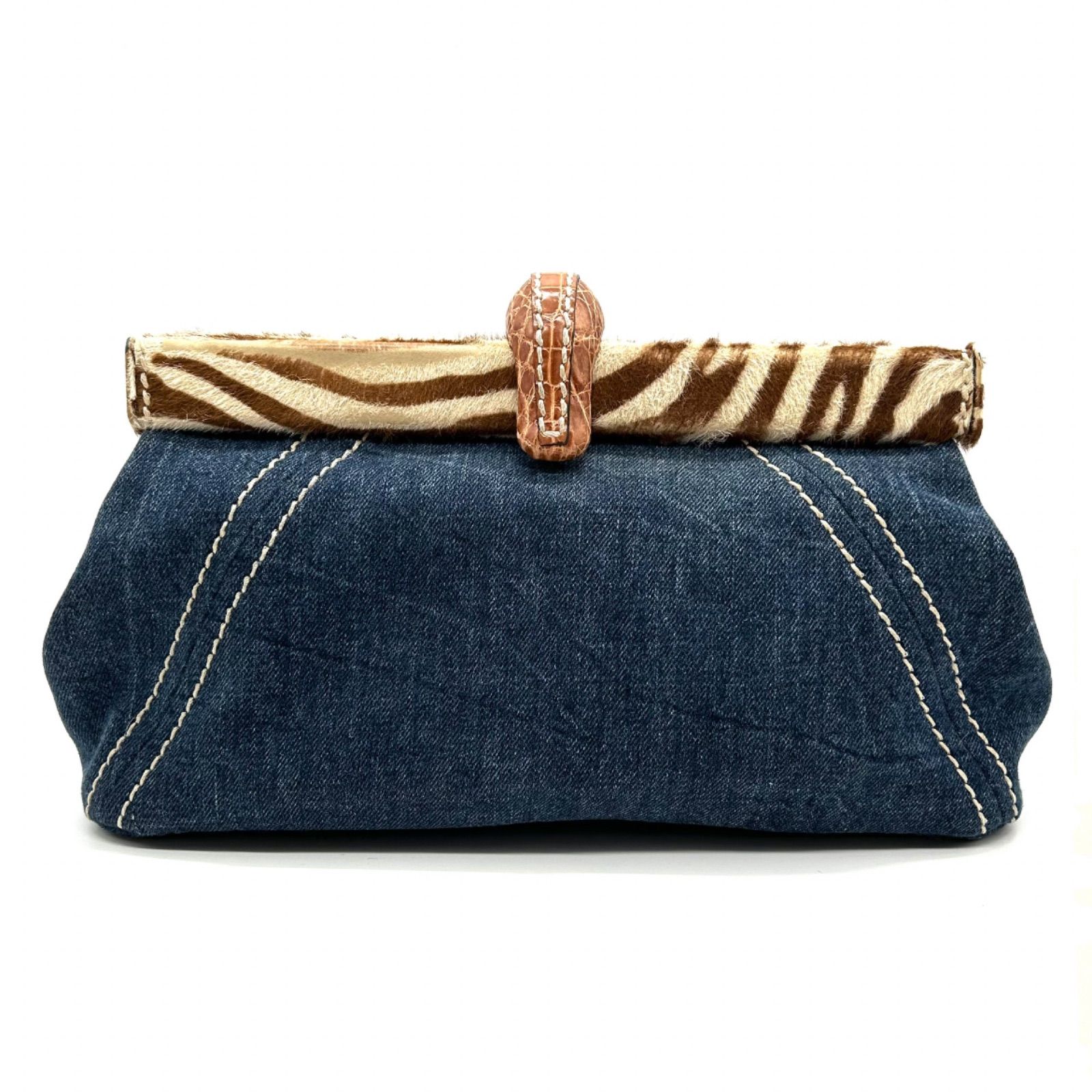 PRADA プラダ クラッチバッグ デニム ブルー ハラコ ゼブラ クラッチ