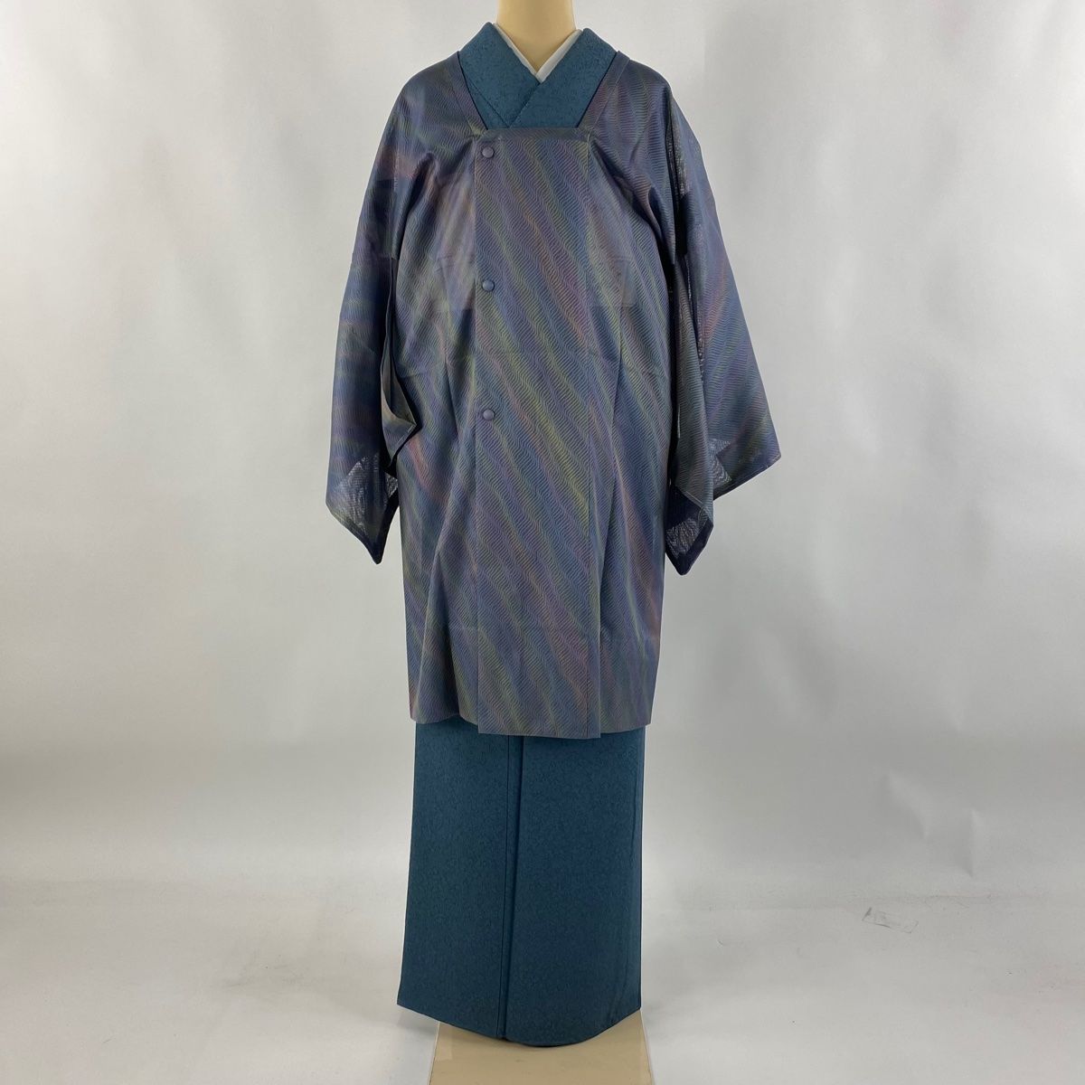 道行 身丈99.5cm 裄丈68cm L 和装コート 角衿 やまと 斜縞 青灰色 正絹 秀品