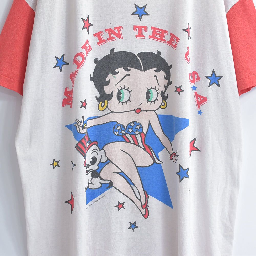 90s USA製 Betty Boop ベティーブープ リンガー キャラクター プリント Tワンピース ホワイト レッド ヴィンテージ ビンテージ アメリカ古着 レディースフリーサイズ