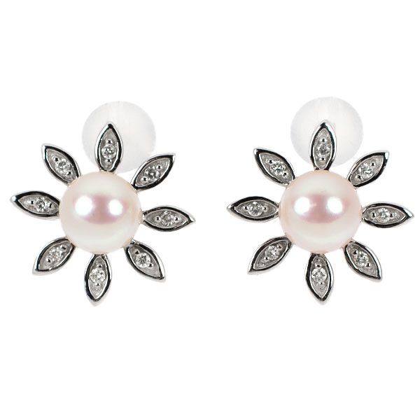 K18WG アコヤ真珠 ダイヤモンド ピアス 径約6.6mm フラワー アコヤ