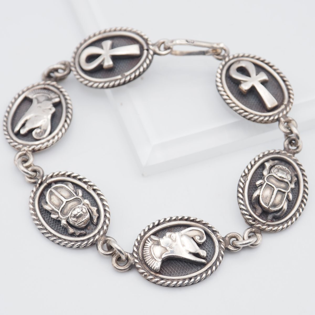 G492 ヴィンテージ ホールマーク刻印 ブレスレット エジプト王 スカラベ アンク エジプト十字 デザイン シルバー
