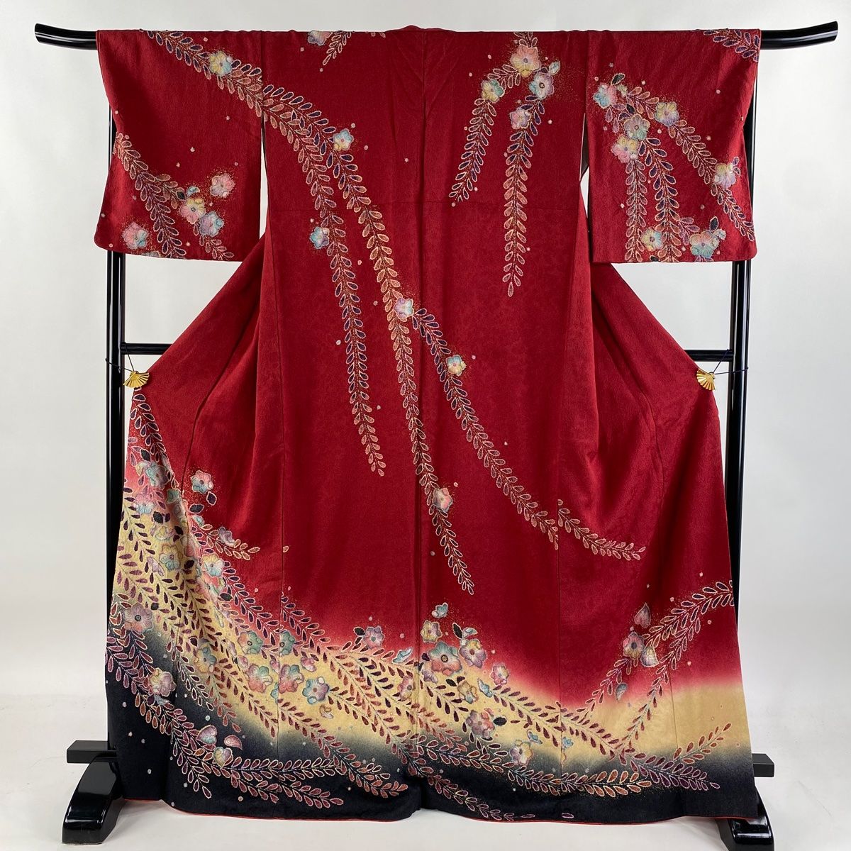 訪問着 身丈169.5cm 裄丈67.5cm L 袷 辻が花柄 金彩 ぼかし 赤 正絹 名品