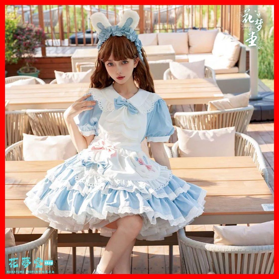 かわいいうさぎ耳カチューシャ付きひざ丈ワンピース普段着にもメイド風コーデにも