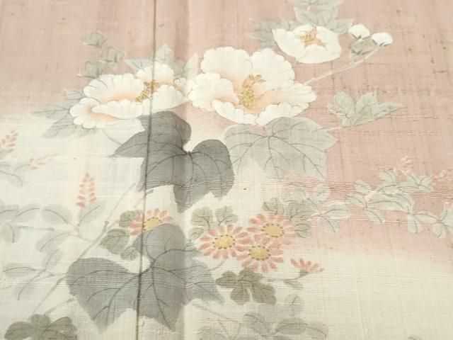 平和屋着物▽訪問着 単衣 生紬 手描き 牡丹菊文 正絹 逸品 未使用  