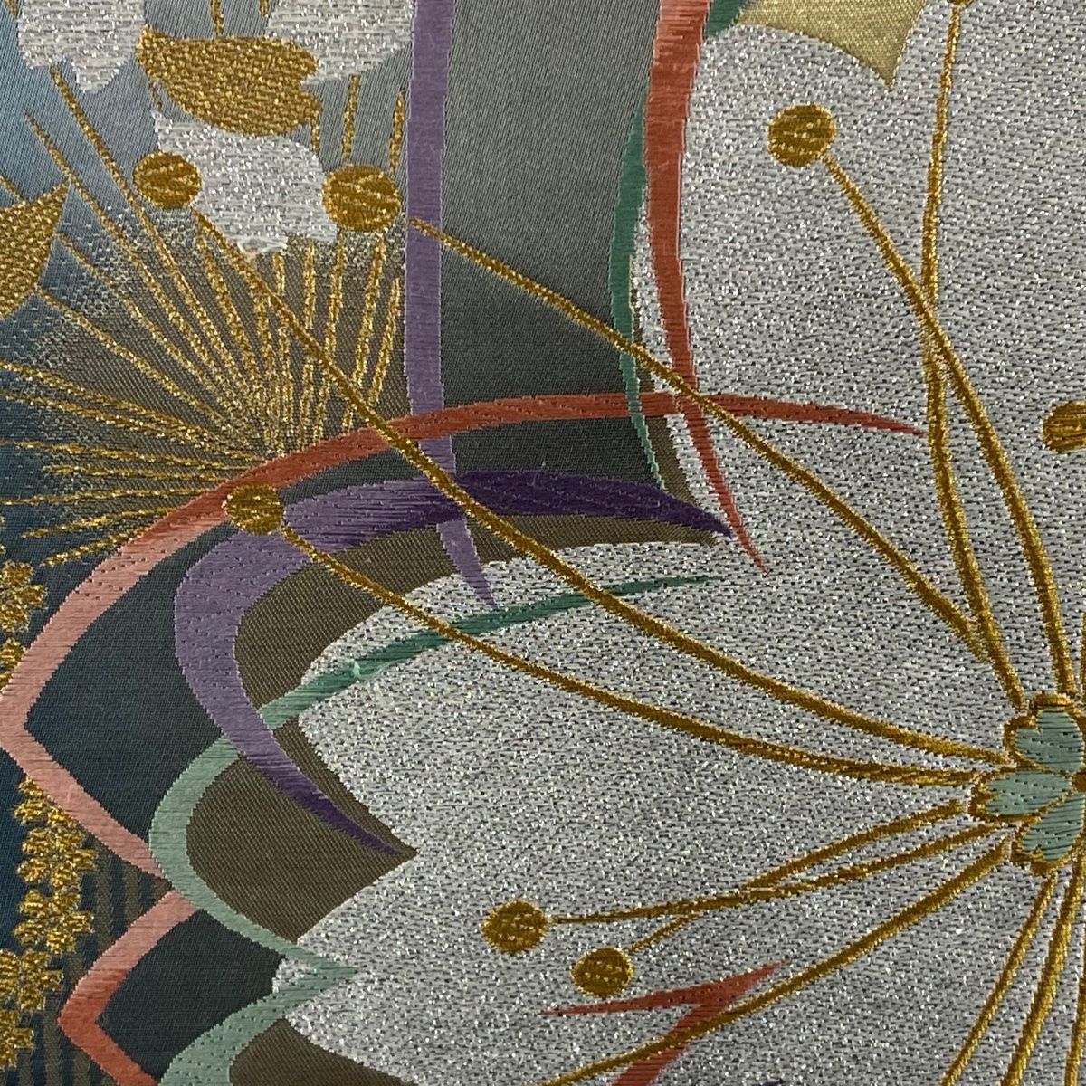 袋帯 美品 秀品 草花 桜 唐織 箔 灰緑 六通 正絹 【中古 