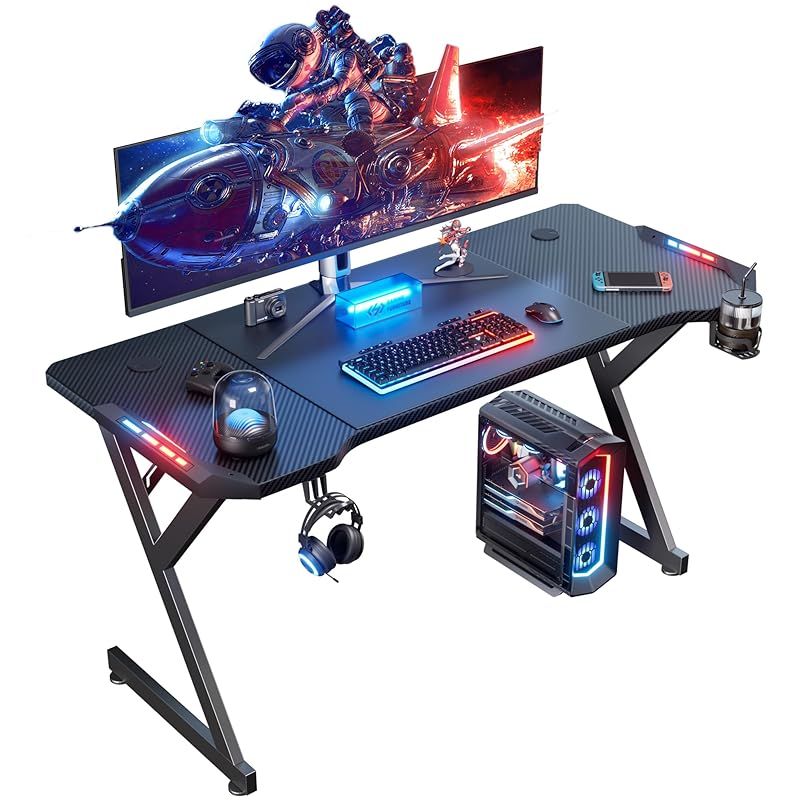 HLDIRECT ゲーミングデスク pcデスク机 「メーカー一年」幅120cm*奥行60cm*高さ75cm パソコンデスクワークデスク 作業机 Y型脚構造設計 自動RGBライド ヘッドフォンフックとカップホルダー付き ホ