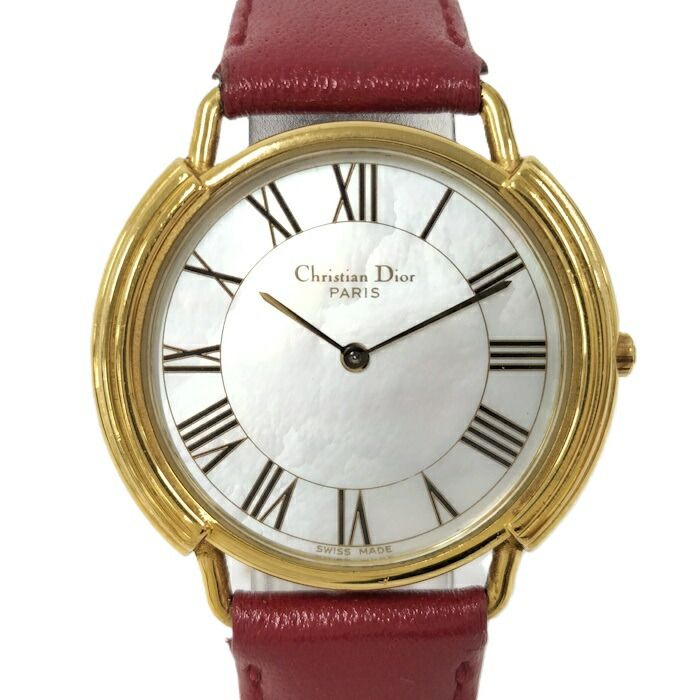Christian Dior レディース 腕時計 クオーツ SS GP レザー レッド シェル文字盤 社外ベルト
