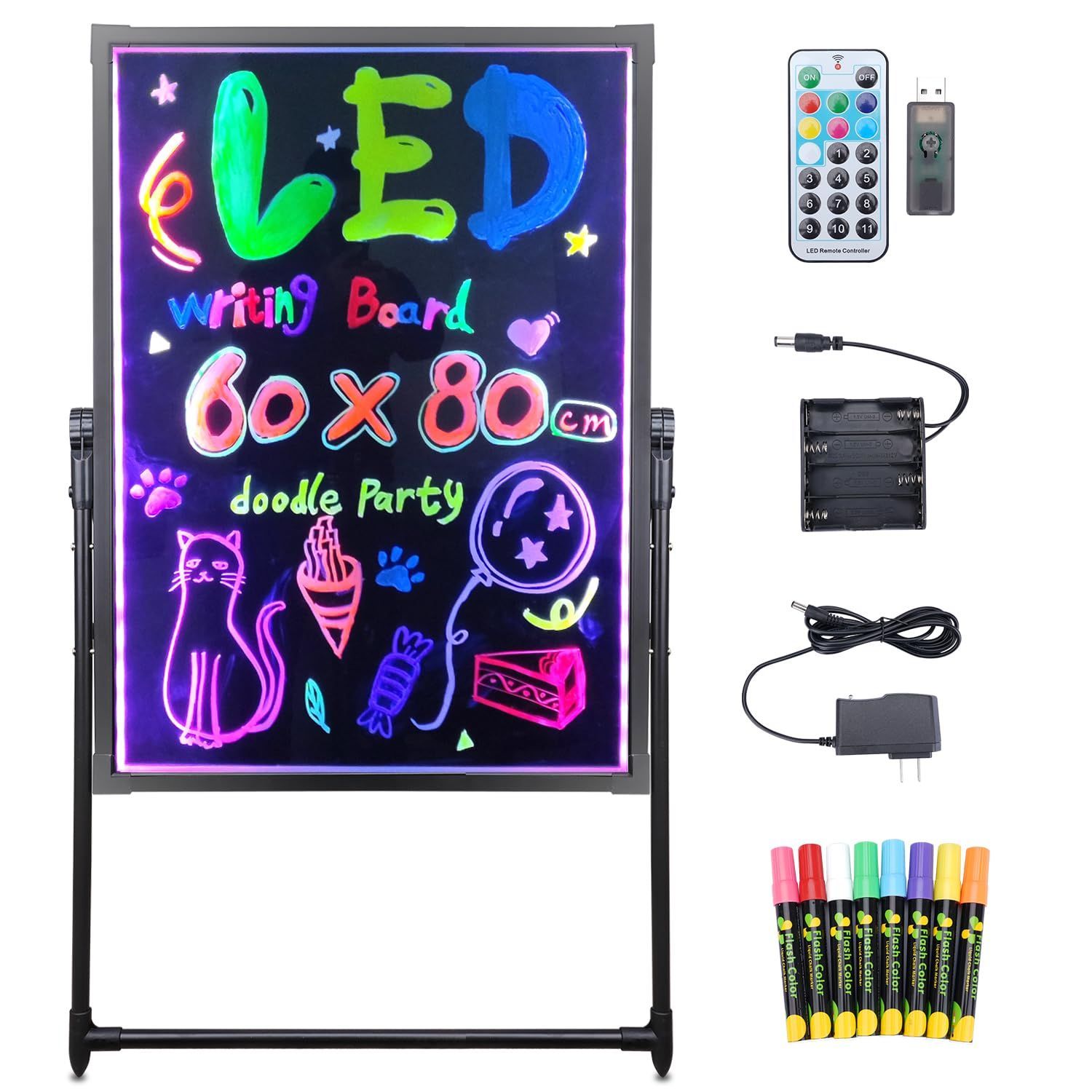 led 看板 電光掲示板 手書き看板 立て看板 壁掛け式用 店頭看板 メニューブラックボード 8色マーカー 7色点滅モード DIYメッセージ看板 メニューボード ブラックボード カフェ看板 LED ネオン 蛍光 看板 60x80cm